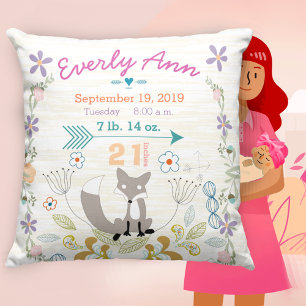 Birth Stats Baby Girl Woodland Creatures Fox Cushion