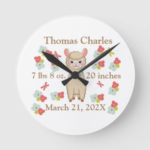 Birth Stats Baby Llamas Flowers Butterflies Round Clock
