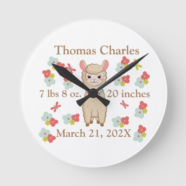 Birth Stats Baby Llamas Flowers Butterflies  Round Clock (Front)