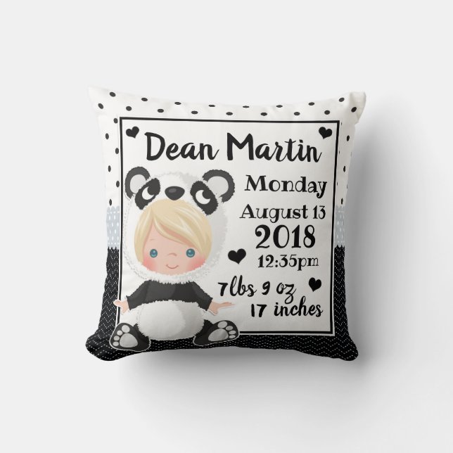Birth Stats Baby Panda Bear Nursery Throw Pillow (Front)