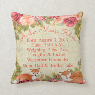Birth Stats Baby Woodland Fox Throw Pillow