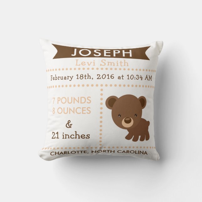 Birth Stats Bear Woodland Nursery Pillow (Front)