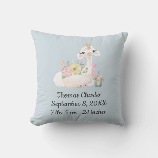 Birth Stats Blue White Llama Baby Boy Gift Cushion (Front)