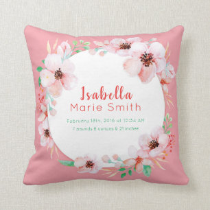 Birth Stats Elegant Floral Girl Nursery Pillow