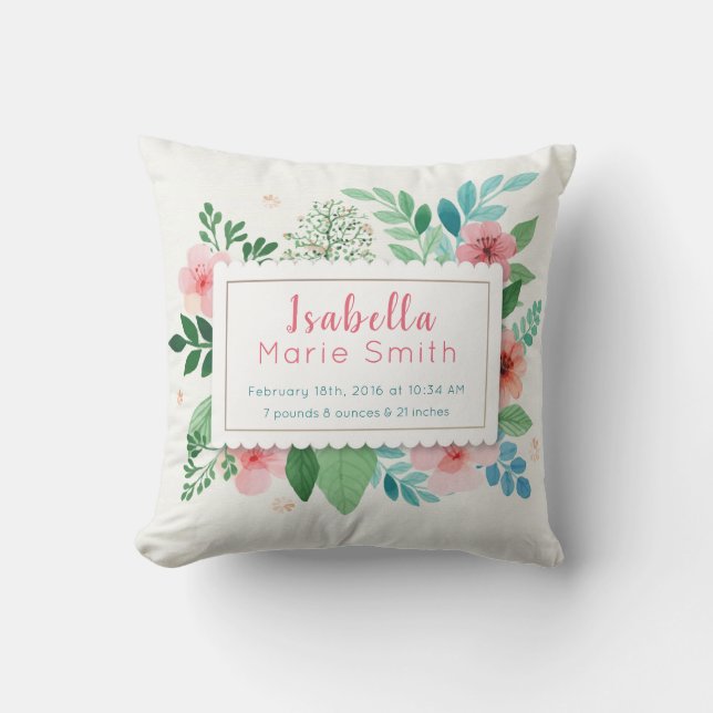 Birth Stats Elegant Floral Girl Nursery Pillow (Front)