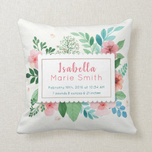 Birth Stats Elegant Floral Girl Nursery Pillow