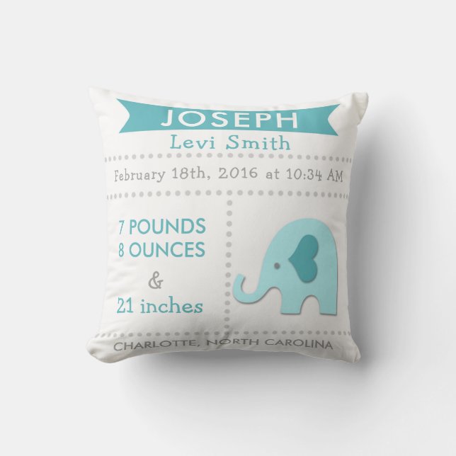 Birth Stats Elephant Nursery Pillow Teal Aqua (Front)