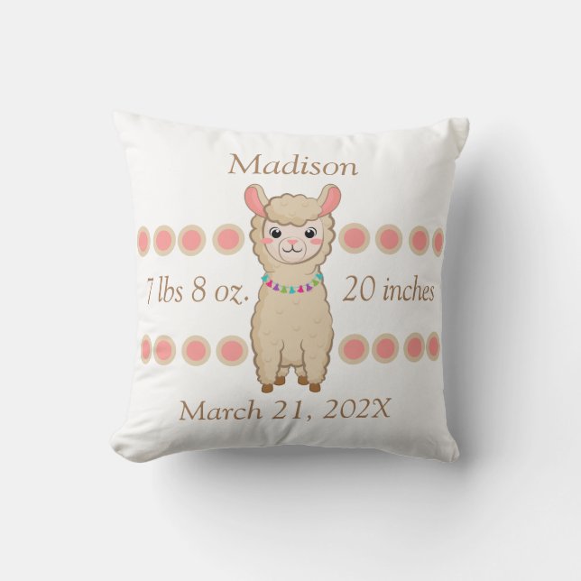 Birth Stats for Baby Girl Pink Llamas Cushion (Front)