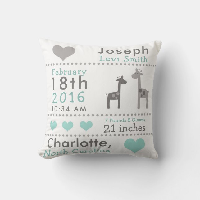 Birth Stats Giraffe Nursery Throw Pillow (Front)
