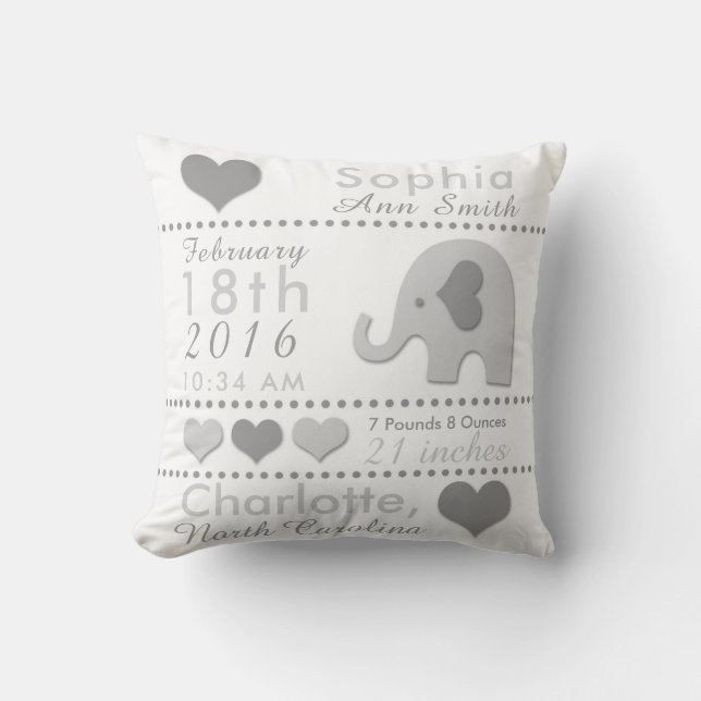 Birth Stats Grey Elephant Nursery Throw Pillow (Front)