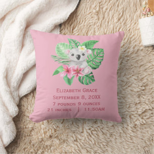 Birth Stats Koala Bear Pink Green Tropical Flowers Cushion