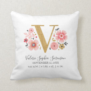 Birth Stats Letter V Pink Floral Monogram Initial Cushion