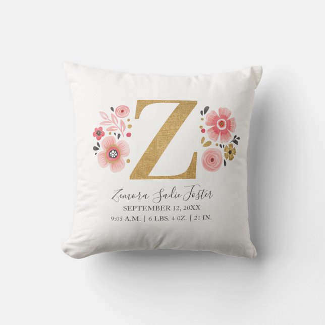 Birth Stats Letter Z Pink Floral Monogram Initial Cushion (Front)