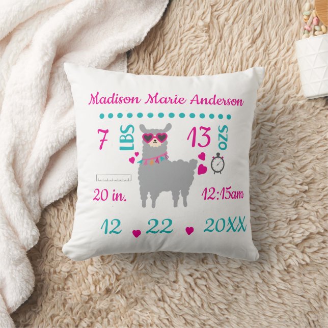 Birth Stats Llama Grey Pink New Baby Gift Cushion (Blanket)