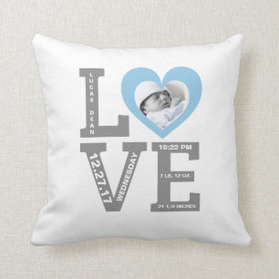 Birth Stats   Modern Typography Baby Boy Blue Cushion