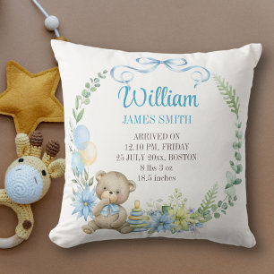 Birth stats nursery pillow cute teddy bear