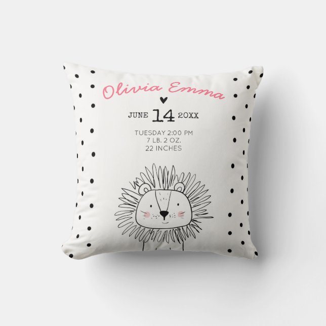 Birth stats Nursery Throw pillow lion Modern Girl (Front)