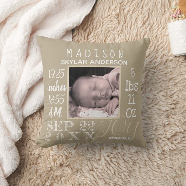 Birth Stats Nursery Typography Neutral Add Photo Cushion (Blanket)