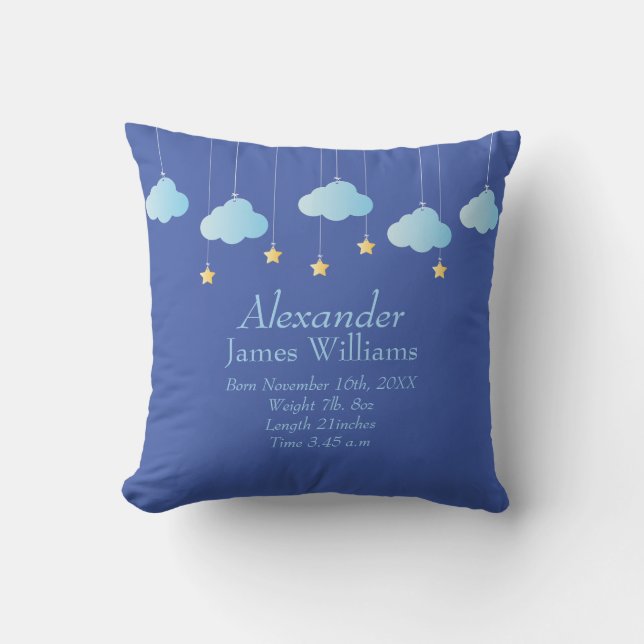 Birth Stats Personalised Clouds and Stars Cushion (Front)