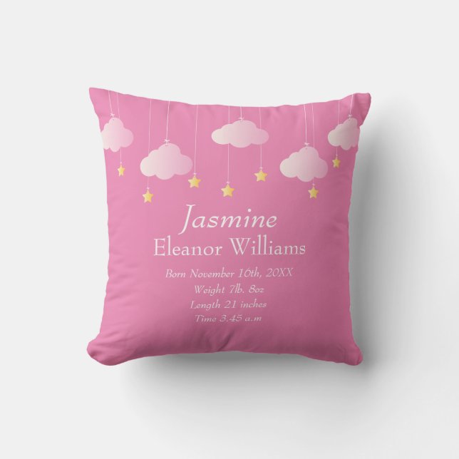Birth Stats Personalised Clouds and Stars Cushion (Front)