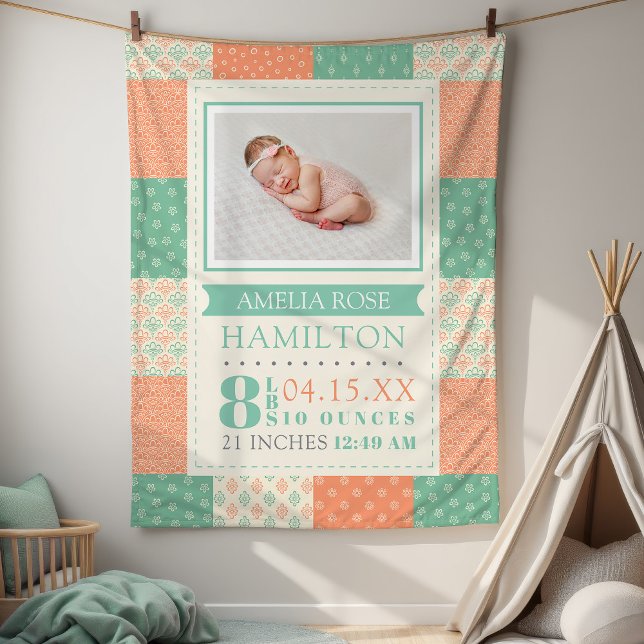 Birth Stats Photo Baby Fleece Blanket (Quilt Custom Birth Stats Photo Baby Fleece Blanket)