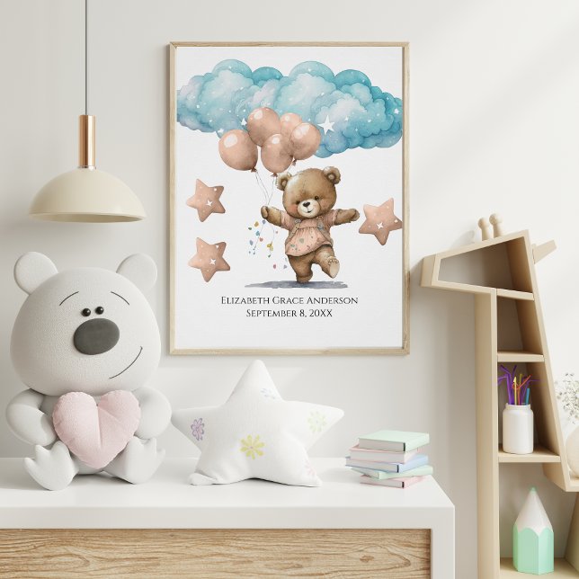 Birth Stats Pink Baby Bear Clouds Nursery Wall Art (Creator Uploaded)