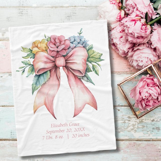 Birth Stats Pink Bow Watercolor Flowers Baby Fleece Blanket (Pink Bow Watercolor Florals Birth Stats Baby girls baby blanket. Coquette Aesthetic)
