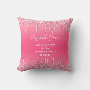 Birth Stats Pink Dripping Glitter Baby Girl Trendy Cushion