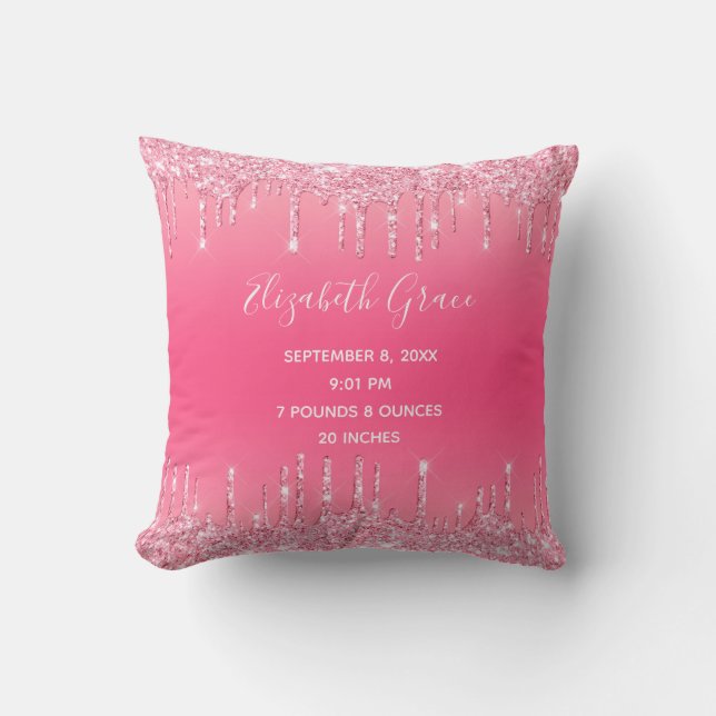 Birth Stats Pink Dripping Glitter Baby Girl Trendy Cushion (Front)
