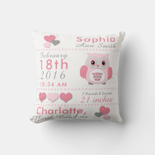 Birth Stats Pink Grey Owl Nursery Throw Pillow (Front)