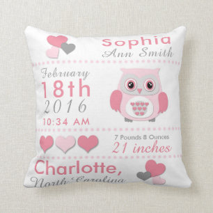 Birth Stats Pink Grey Owl Nursery Throw Pillow