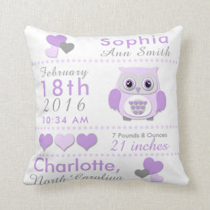 Birth Stats Purple Grey Owl Nursery Throw Pillow