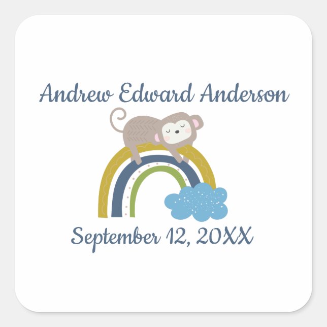 Birth Stats Rainbow Sleeping Animal Baby Square Sticker (Front)