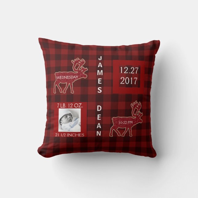 Birth Stats | Rustic Buffalo Check Nursery Cushion (Front)