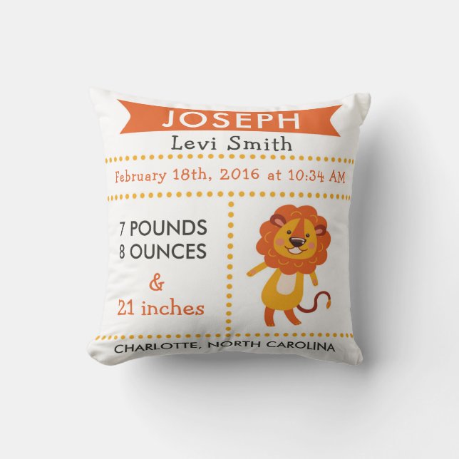 Birth Stats Safari Lion Nursery Pillow (Front)