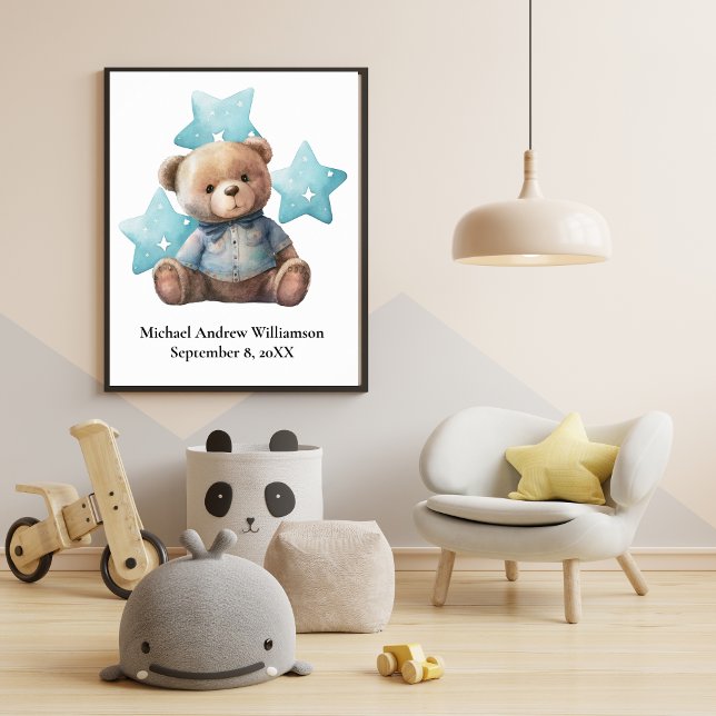 Birth Stats Teddy Bear Blue Baby Boy Nursery Poster (Creator Uploaded)