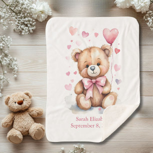 Birth Stats Teddy Bear Pink Bow Hearts Baby Girl Sherpa Blanket