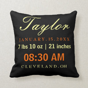 Birth Stats Typography Black Yellow & Orange Cushion