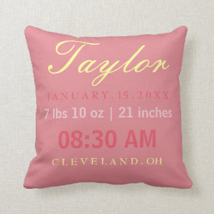 Birth Stats Typography Pink & Yellow Cushion