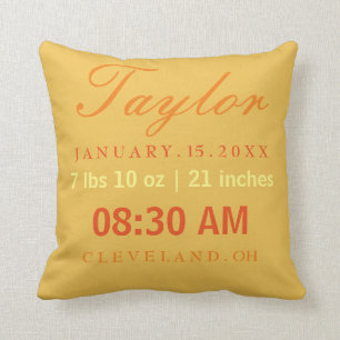 Birth Stats Typography Yellow & Orange Cushion