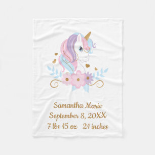 Birth Stats Unicorn Pink Blue Gold, Girly Baby Fleece Blanket