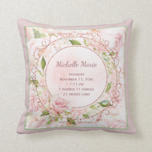 Birth Stats Vintage Pink Rose Nursery Cushion