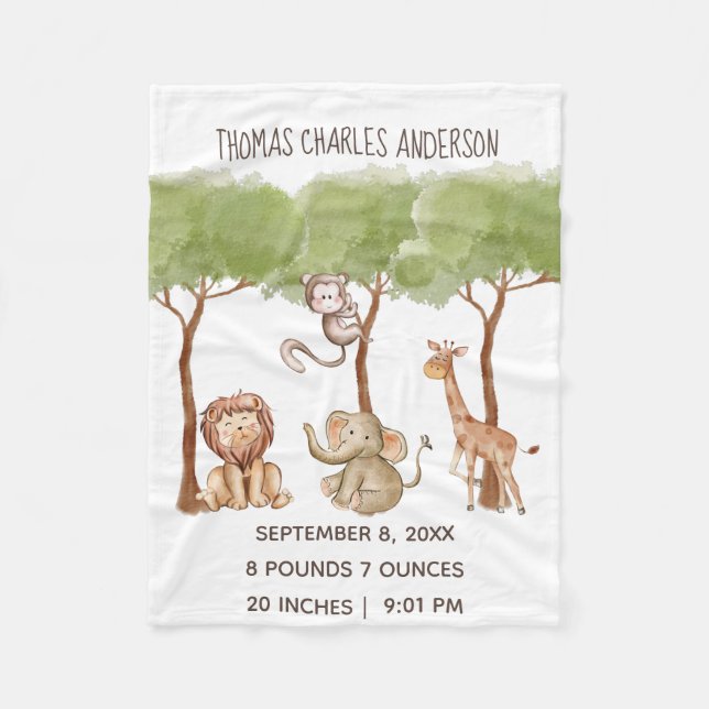 Birth Stats Woodland Jungle Safari Animals Baby Fleece Blanket (Front)