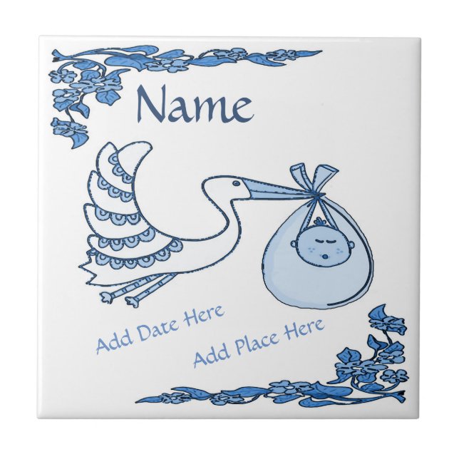 Birth Tile, Blue Dutch Look, Personalise Ceramic Tile (Front)