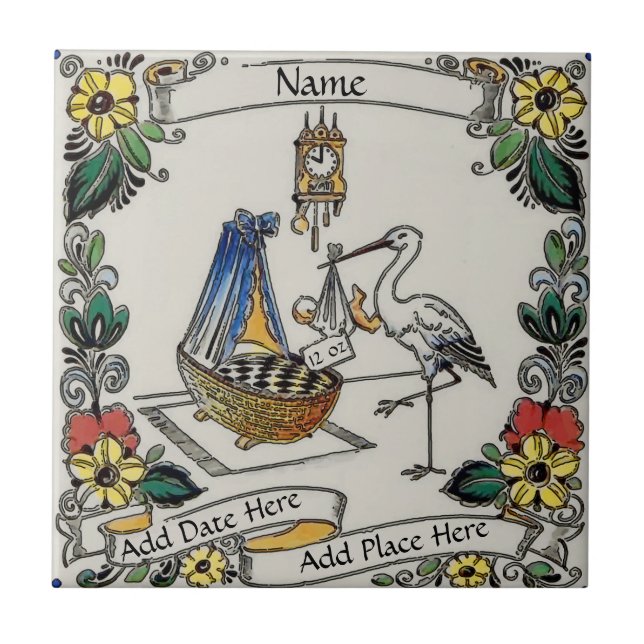 Birth Tile, Dutch Look, Personalise Ceramic Tile (Front)