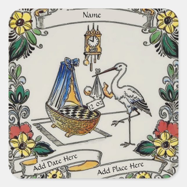 Birth Tile, Dutch Look, Personalise Square Sticker (Front)