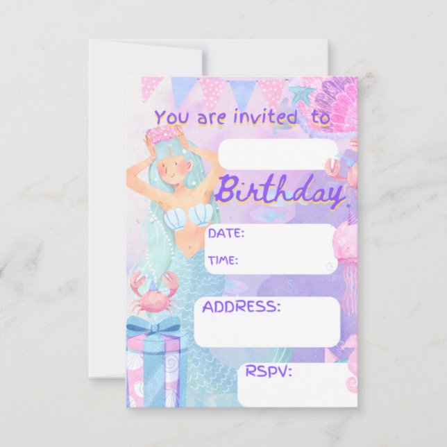 Birthay party mairmade, sirena birthday party girl invitation (Front)