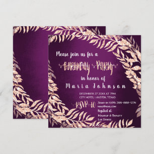 Birthda Party Wreath Glitter Rose Gold Plum Purple Invitation