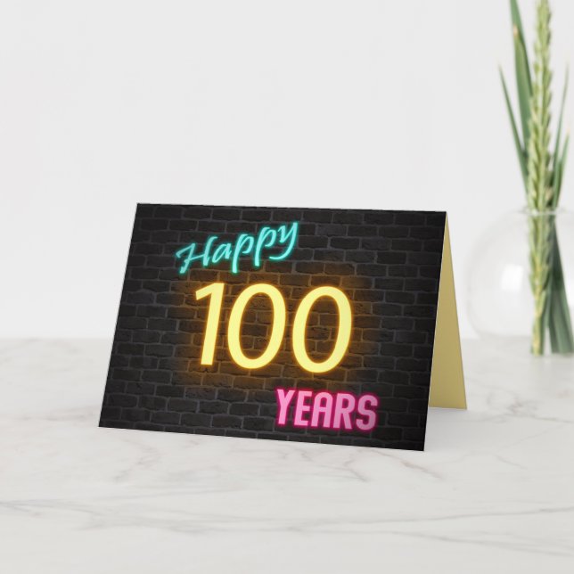 Birthday 100 neon sign on brick card (Front)