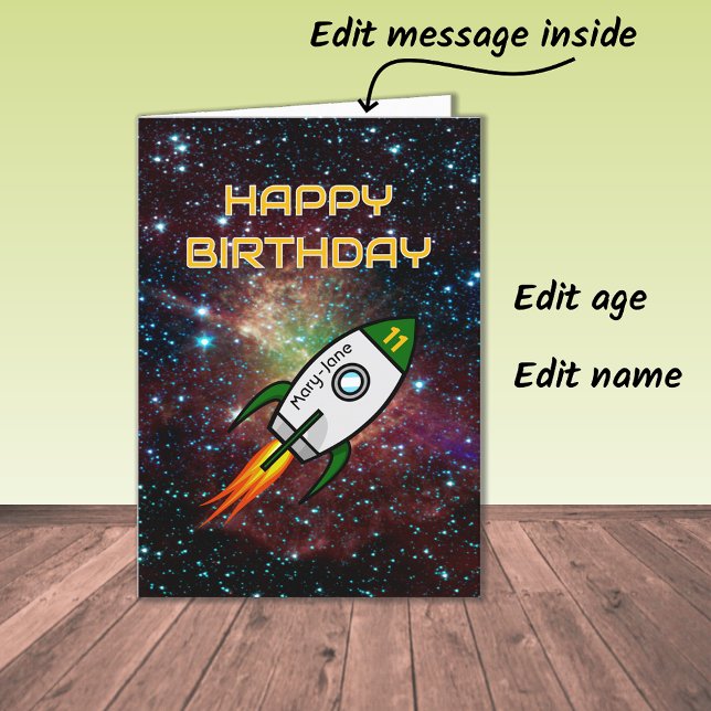 Birthday 11 add name any age green rocket card (Creator Uploaded)